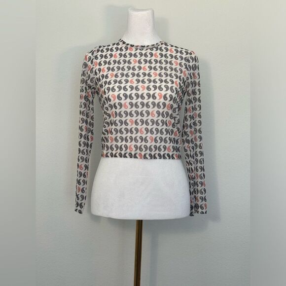 Asos White Sheer Long Sleeve Crop Top Brown and Orange Yin Yang Pattern Size 2P - Picture 3 of 11
